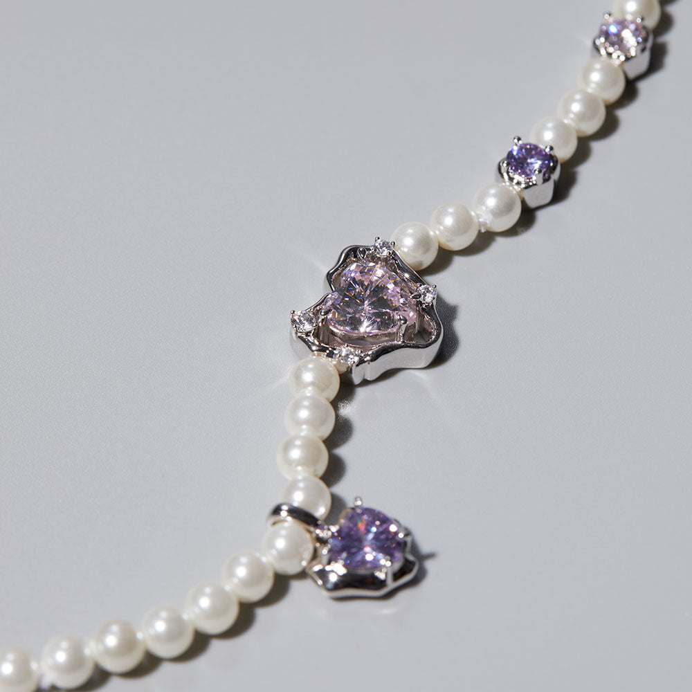 Jewel Story: Pink Heart Embellished Pearl Bracelet