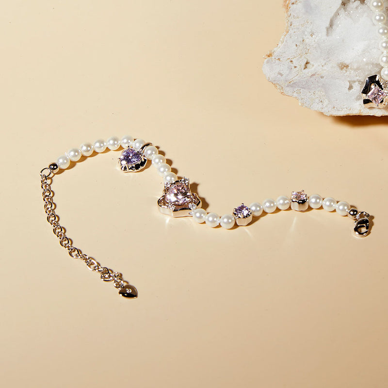 Jewel Story: Pink Heart Embellished Pearl Bracelet